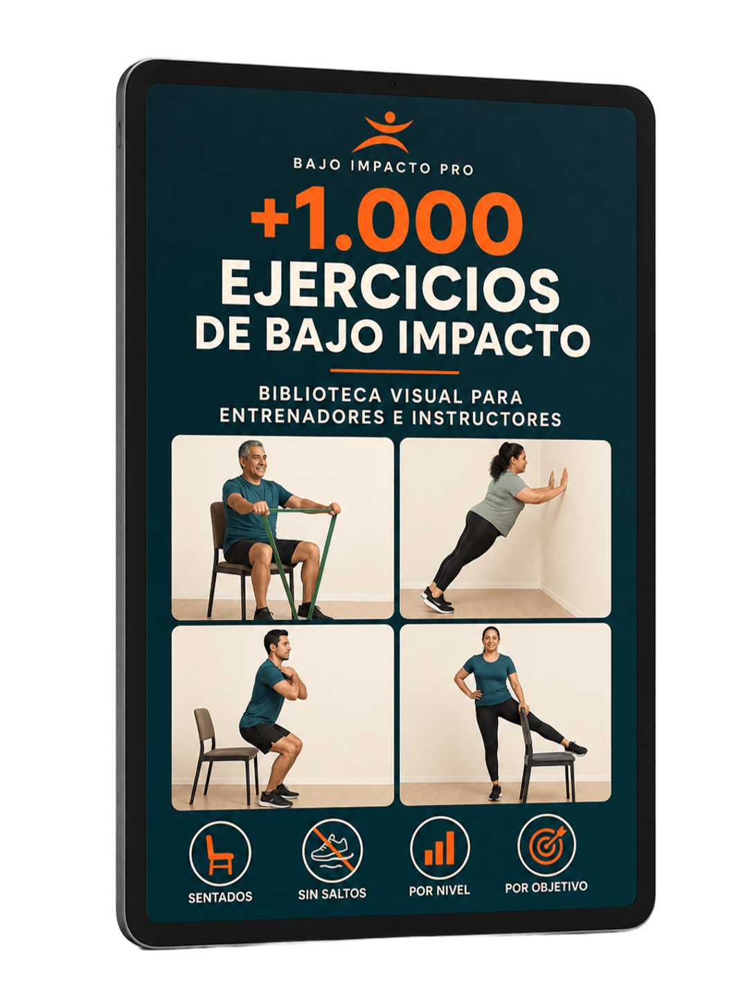Mockup del producto principal: tablet con la biblioteca de ejercicios de bajo impacto